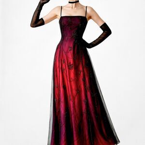 Vintage Burgundy Red Floral Beaded Mesh Gradient Maxi Prom Dress Size S